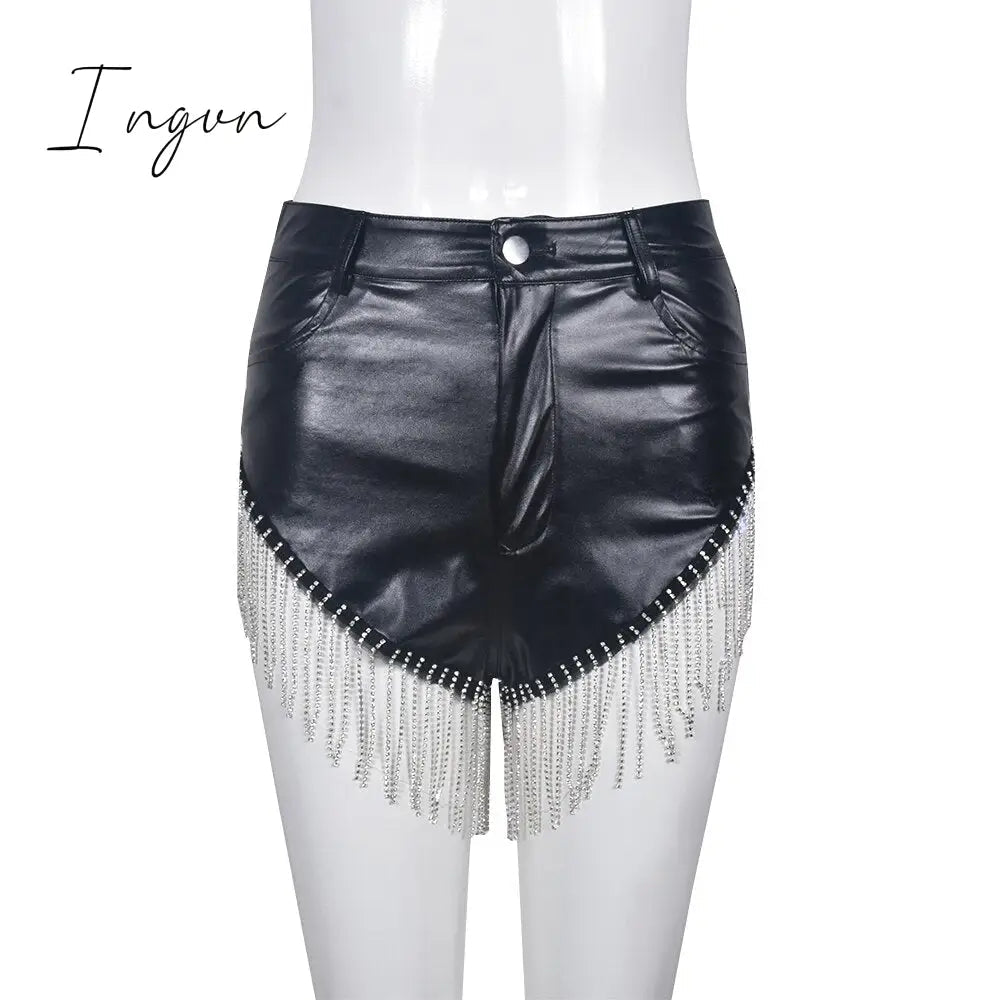Ingvn - PU Leather Chain Shorts Summer Chic Trend Sexy Club Streetwear Outfits Tassels Solid Splicing Basic Women's Clothes 2023
