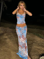 Colorful Fashion Print 2 Piece Set Women Sexy Backless Camisole+Mesh Patchwork Long Skirts Vacation Streetwear Outfits