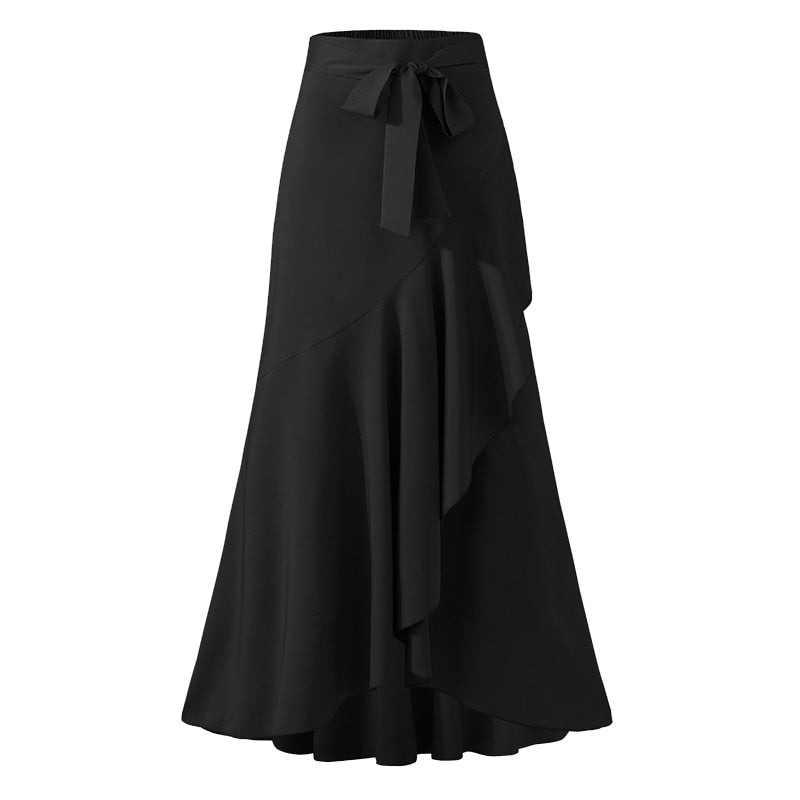 Long Skirt Fashion Women Fishtail Maxi Skirts High Waist Belted Party Jupe Sexy Casual Loose Holiday Ruffles Skirts