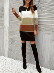Long Sleeve Casual Color Block Simple Dress, Women's Crew Neck Clothing
