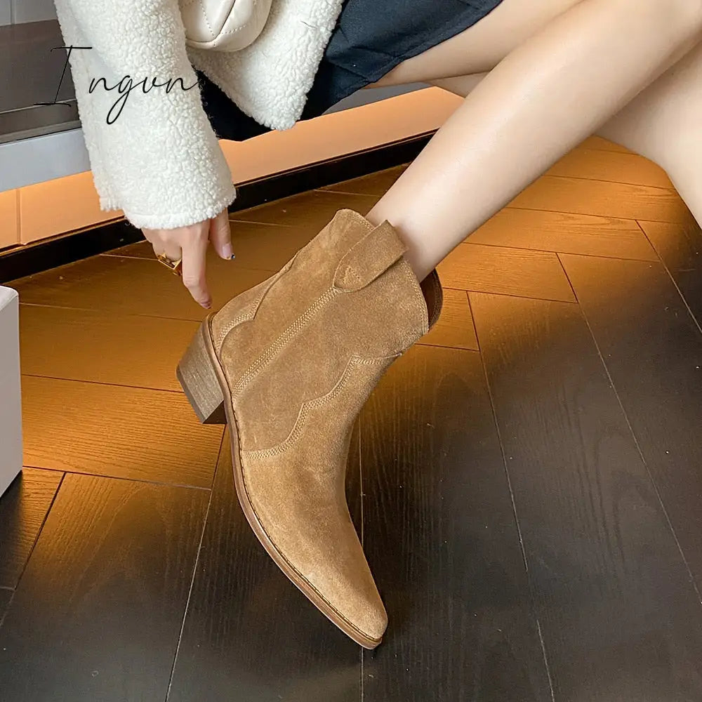 Ingvn - Winter Classic Chelsea Boots for Woman Cow Suede Pointy toe Wedge Heel Ankle Boots Simple Comfortable Cowboy Boots Female