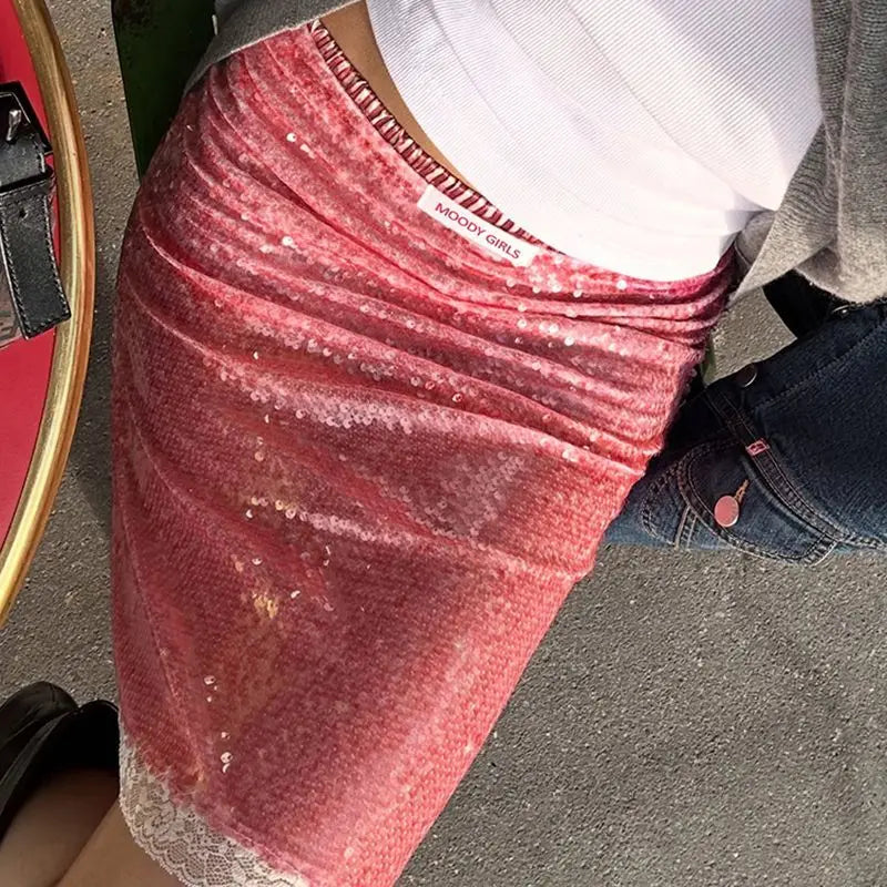 Vintage Sweet Pink Sequin Skirt for Women Simple Slim Fit Bodycon Skirts 2025 Summer New All-match Faldas Sexy Mujer