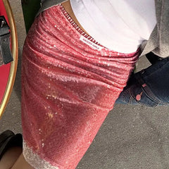 Vintage Sweet Pink Sequin Skirt for Women Simple Slim Fit Bodycon Skirts 2025 Summer New All-match Faldas Sexy Mujer