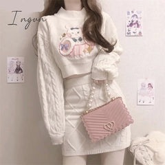 Ingvn - outfits aesthetic Autumn Winter Sweet Lolita Style Skirt Sets Japanese Girls Cute Rabbit Embroidery Kintted Sweater Skirts Spring Women 2PC Set