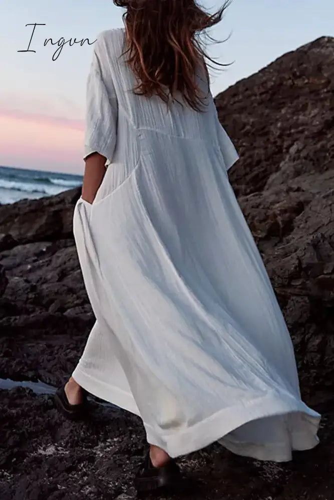 Ingvn - Casual Simplicity Solid Pocket O Neck A Line Dresses