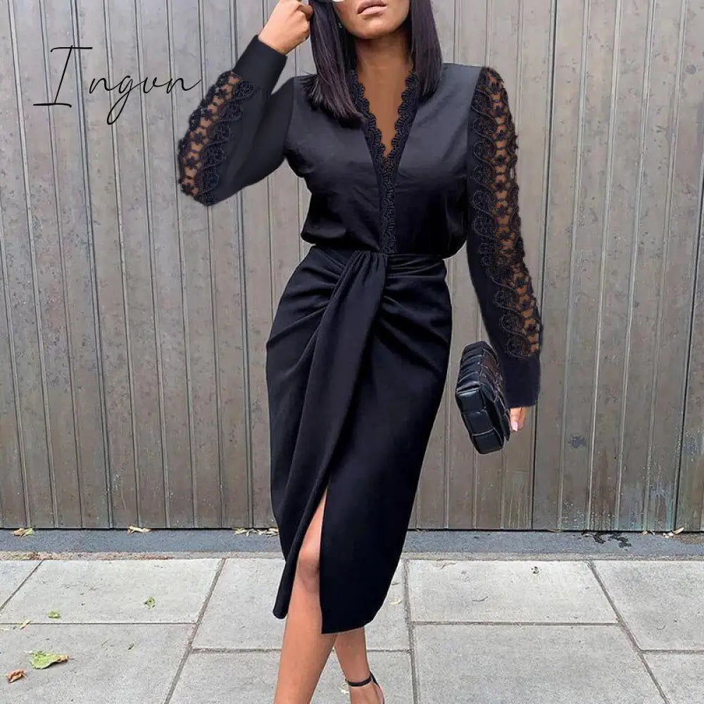 Ingvn - Vintage Print Elegant Women Folds Slim Dress Casual Hollow Out Patchwork Half Sleeve Dress Female Summer Round Neck Party Dress