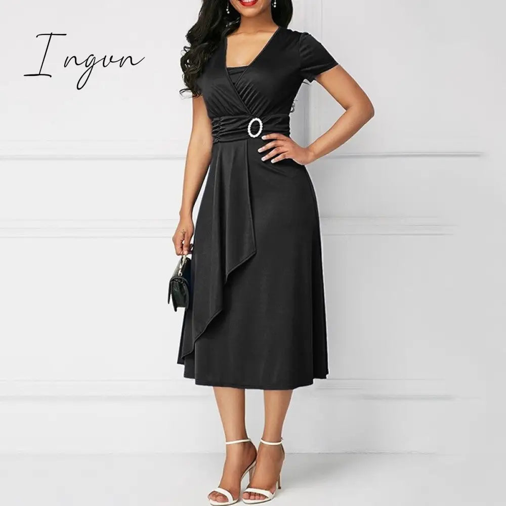 Ingvn - 2023 New Trends Retro Women High Waist Irregular Midi Dresses Summer Fashion V-neck Short Sleeve A-line Party Dress Elegant Office Lady Vestidos