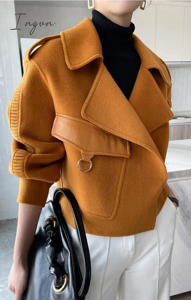 Ingvn - Women's Autumn Coat Pockets Solid Loose Short Jackets Ladies Wool &amp; Blends High Street Spring Woolen Coats for Women