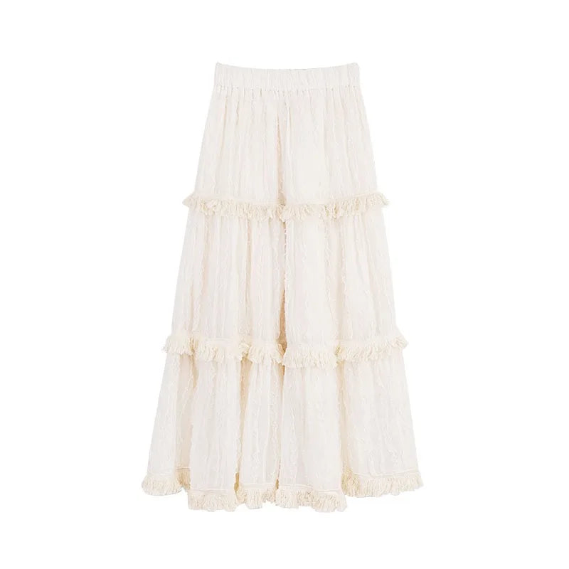 Y2k Clothes Women Cake Dress Tassel Design Skirt Loose Long Skirts Vintage High Waist Korean Fashion Faldas Largas