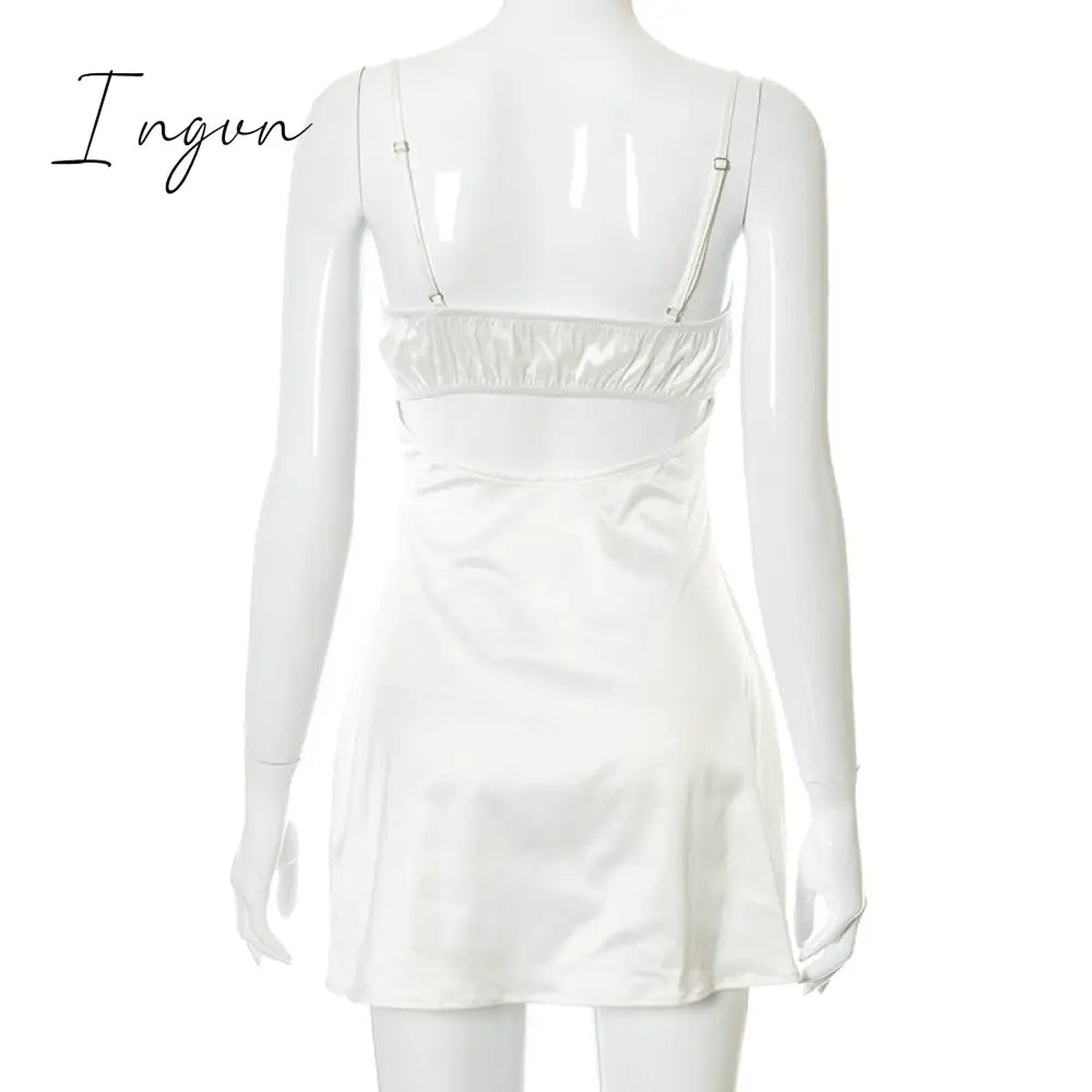 Ingvn - New Sexy White Lace Trim Satin Mini Dress For Women Solid Backless Maxi Sundress Female Party Bodycon Dresses Streetwears