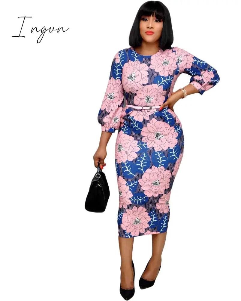 Ingvn - Women Bodycon Printed Dress Three Quarter Sleeves Midi Office Ladies Work Wear Elegant Classy Vestidos African Female Plus Size