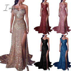 Ingvn - Big 5XL Fashion Women Dress Sequin Prom Party Fork Opening Ladies Dresses Ball Gown Sexy Gold Evening V-Neck Long Women Dress