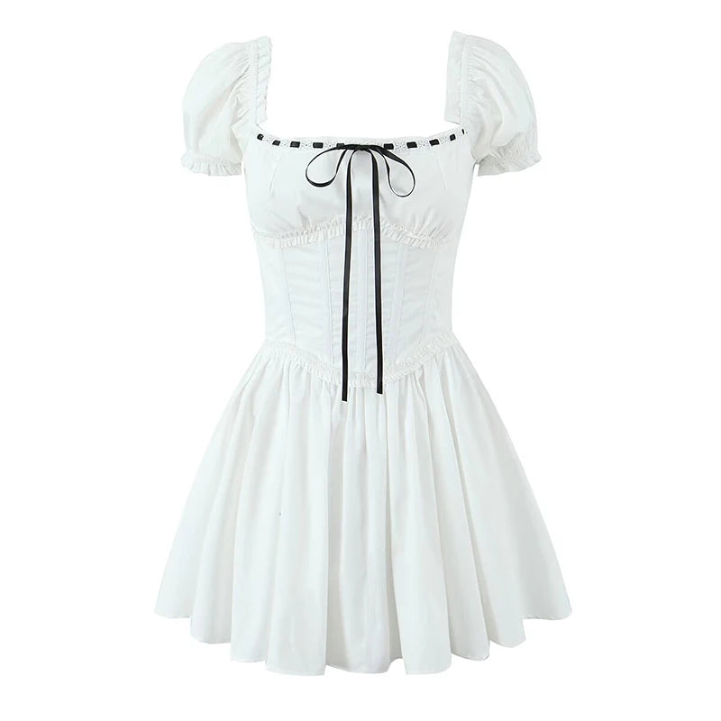 New Women Sexy Off Shoulder White Mini Dress Short Sleeve Low Waist Lace Up Back Sweet Summer Dresses Cotton Robe
