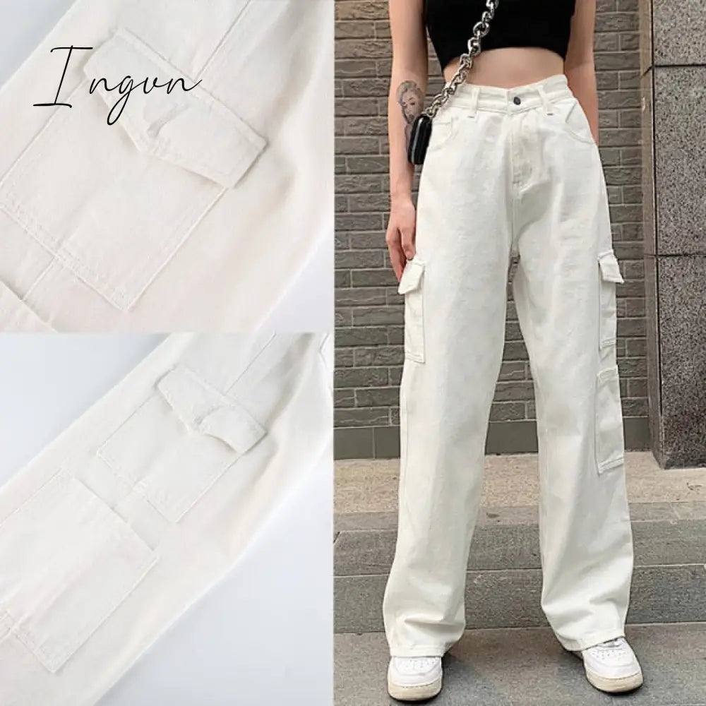 Ingvn - Brown Vintage Baggy Jeans Women 90s Streetwear Pockets Wide Leg Cargo Pants Y2K Low Waist Straight Denim Trousers
