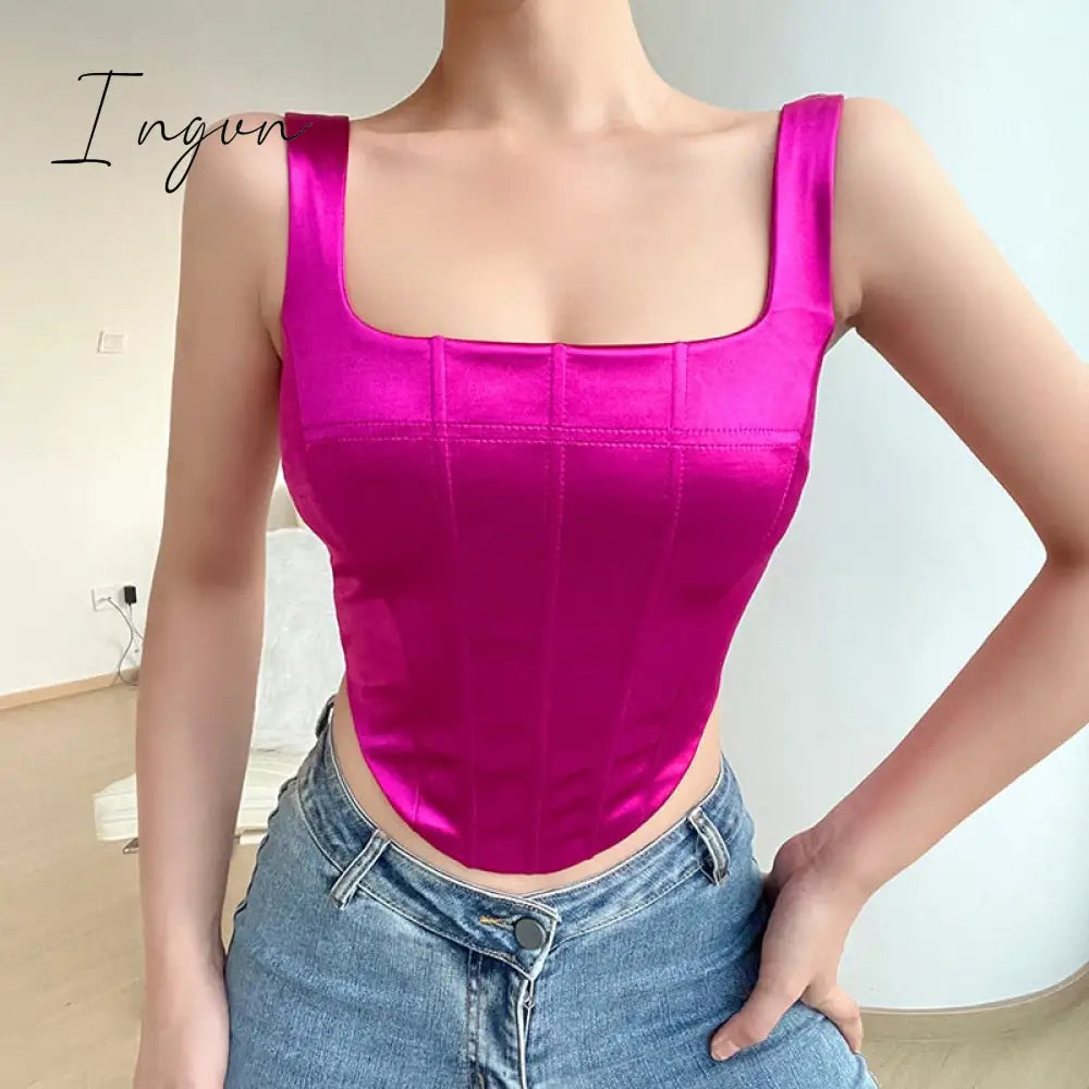 Ingvn - Tube Tank Top Girls Satin Corset Crop Tops Women Green Y2K Sleeveless Tee Black Backless Club Cami Summer Sexy Party