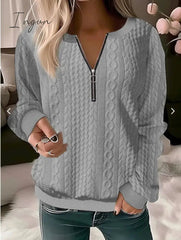 Ingvn - Women's Sweatshirt Pullover Basic Quarter Zip Blue Solid Color Casual V Neck Long Sleeve Textured Top Micro-elastic Fall & Winter