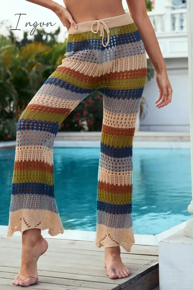 Ingvn - Casual Patchwork Hollowed Out Contrast Regular High Waist Trousers