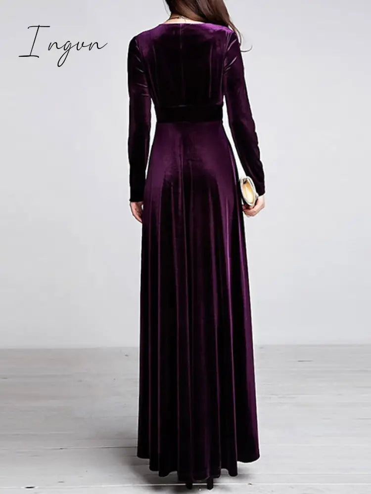 Ingvn - Women‘s Party Dress Wedding Guest Dress Velvet Dress Long Dress Maxi Dress Black Wine Royal Blue Long Sleeve Pure Color Ruched Fall Spring V Neck Fashion Party Winter Dress Evening Party 2023 S M L XL