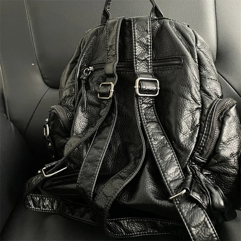 Ingvn  Y2k Black Womens Backpack Vintage Fashion Gothic Soft Pu Leather School Backpack Large Capacity Men Casual Original Bag Sac