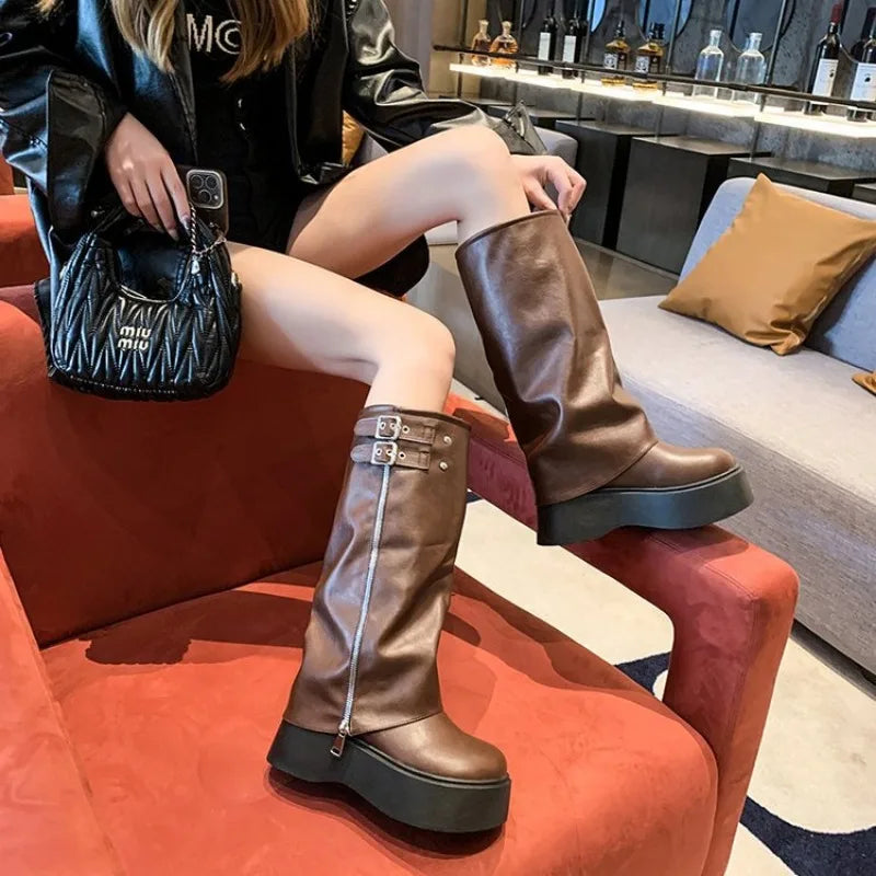 New Autumn Versatile Women's Platform Flat Heel Women's Long Boots Fashion Zipper Rider Botas Casual Goth Knee-high Boots