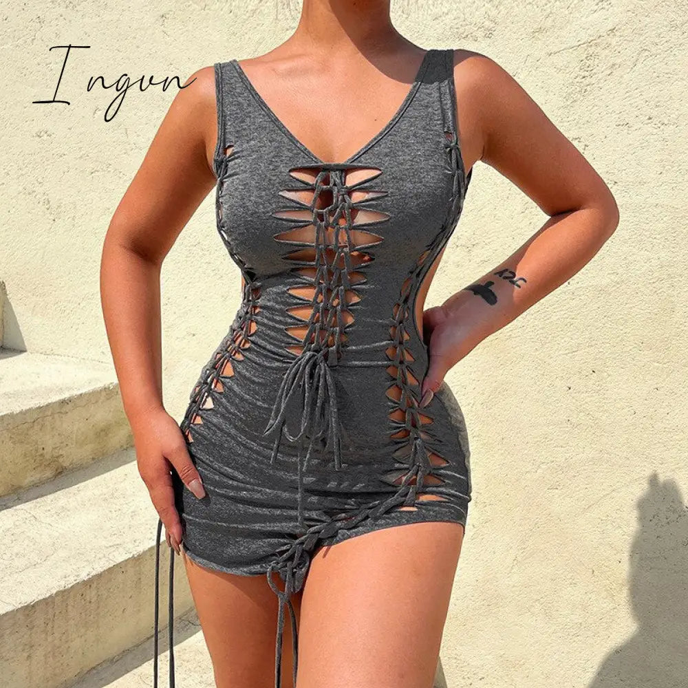 Ingvn - Dark Gray Hollow Out Mini Dress Sexy Drawstring Bandage Backless Summer Dresses for Women 2023 Birthday Party Clubwear