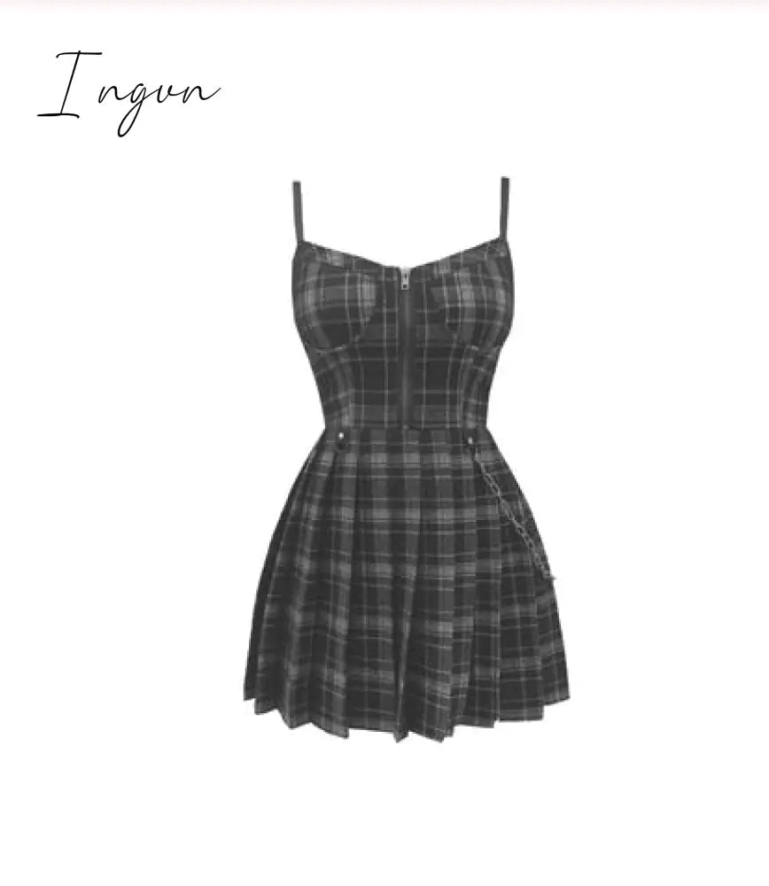 Ingvn - Ruibbit Spring Autumn Preppy style Gothic Girls Sexy Sling Dress Red Balck Pleated Plaid  Women Sleeveless Mini Short Dresses