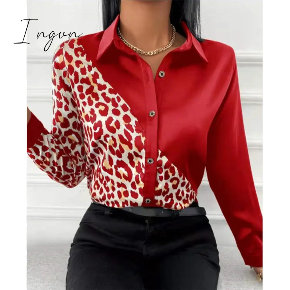 Ingvn - Women Long Sleeve Shirts Autumn New Elegant Satin Blouses Tops Office Leopard Print Patchwork Shirt Ladies Casual Lapel Top