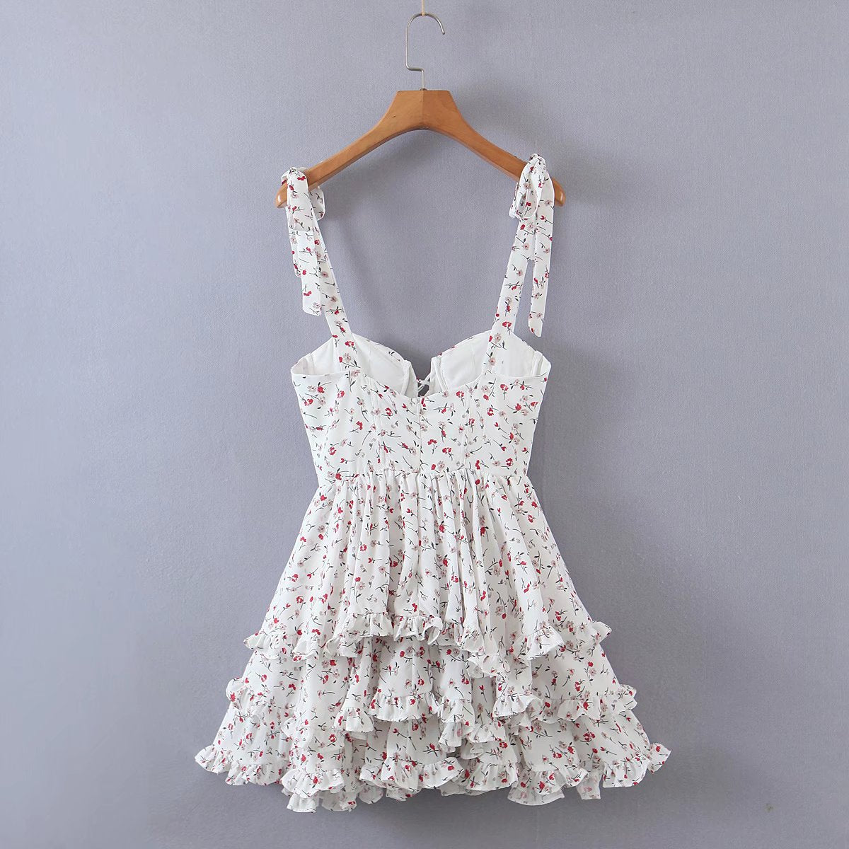 Voguable  Summer Sexy Sling Dress Women Floral Print Layer Ruffle Cake Mini Dress Sweet Ladies Holiday Party Short Robe Chic Vestido