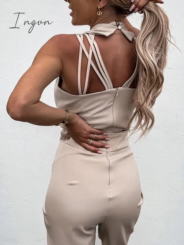 Ingvn - New Solid Casual Women Summer Jumpsuits V-Neck Lace-Up Sleeveless Wide Leg Pants Button Ladies Bodysuits Streetwear