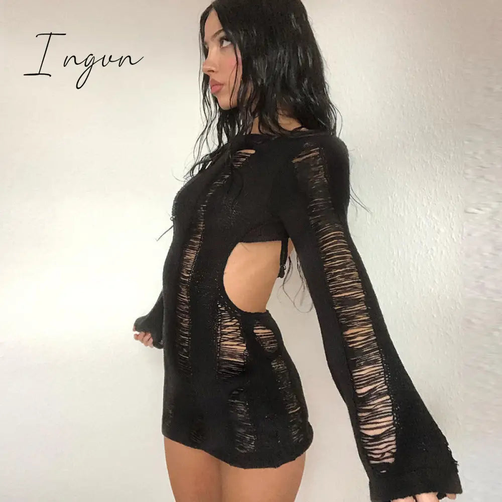 Ingvn - Fashion Trends Round Collar See Through Dress Women Sexy Long Sleeve Elegant Beachwear Hollow Out Backless Knitted Female Dress Summer