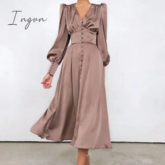 Ingvn - Beige Single Breasted Sexy Dress Party Clud High Waist Satin Long Dress Elegant V Neck Women Midi Dresses Lantern Sleeve