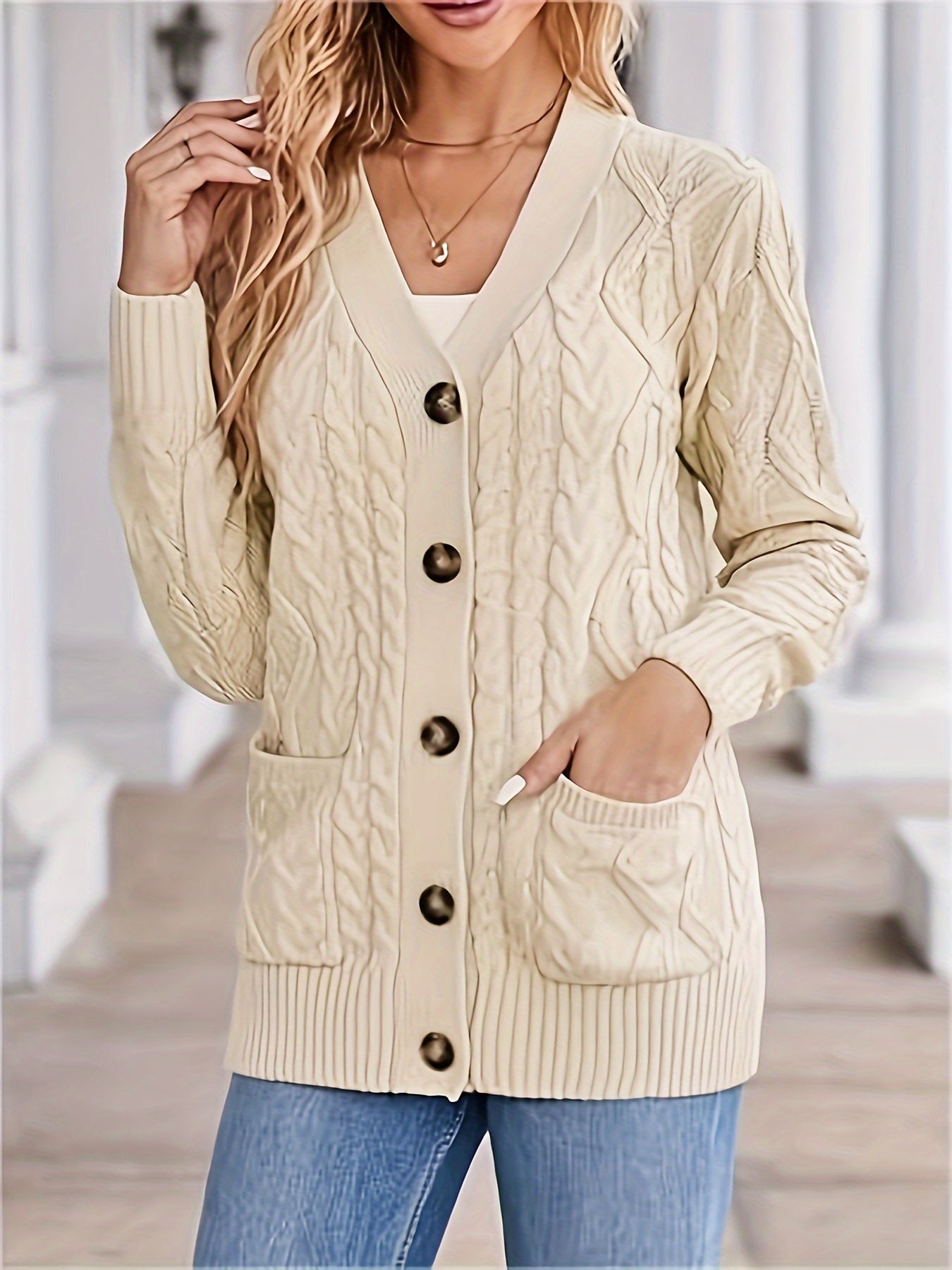 Cozy Cable Knit Long Sleeve Cardigan - Women's Casual Single Breasted Cardigans with Pockets for Spring & Fall - Soft, Comfortable, and Stylish Women's Clothing