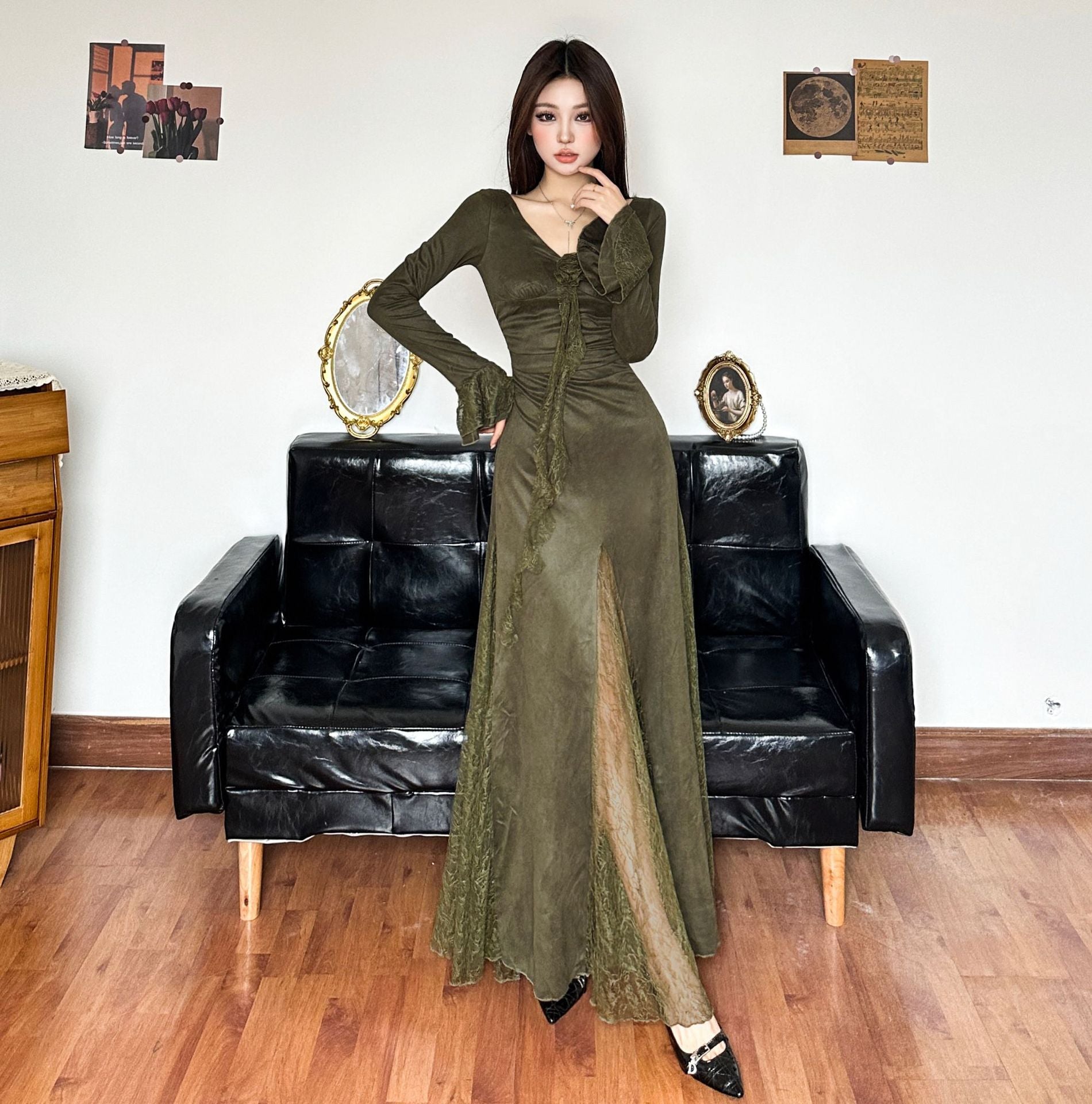 Green Field Mist Retro Lace Skirt Women's Antique Mori Niche Dipping Zipper Design A- Length Skirt Summer