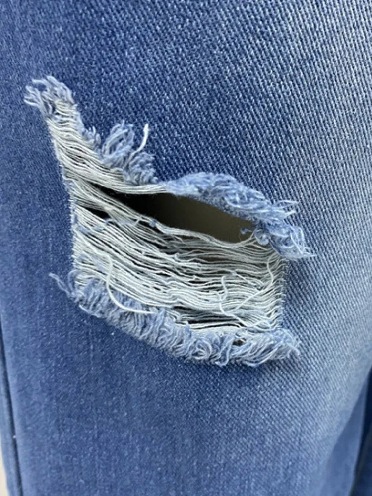 Ingvn  Women's Denim Pants  Summer Fashion High Waisted Handmade Frayed Edge Wide Leg Pants Streetwear Ripped Baggy Jeans
