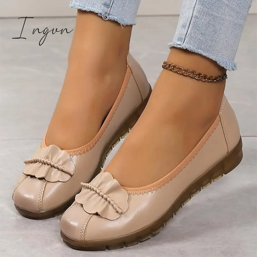 Ingvn - Women's Flats Ballerina Mary Jane Work Daily Bowknot Flat Heel Round Toe Casual Comfort Walking Shoes PU Loafer Floral Black Apricot
