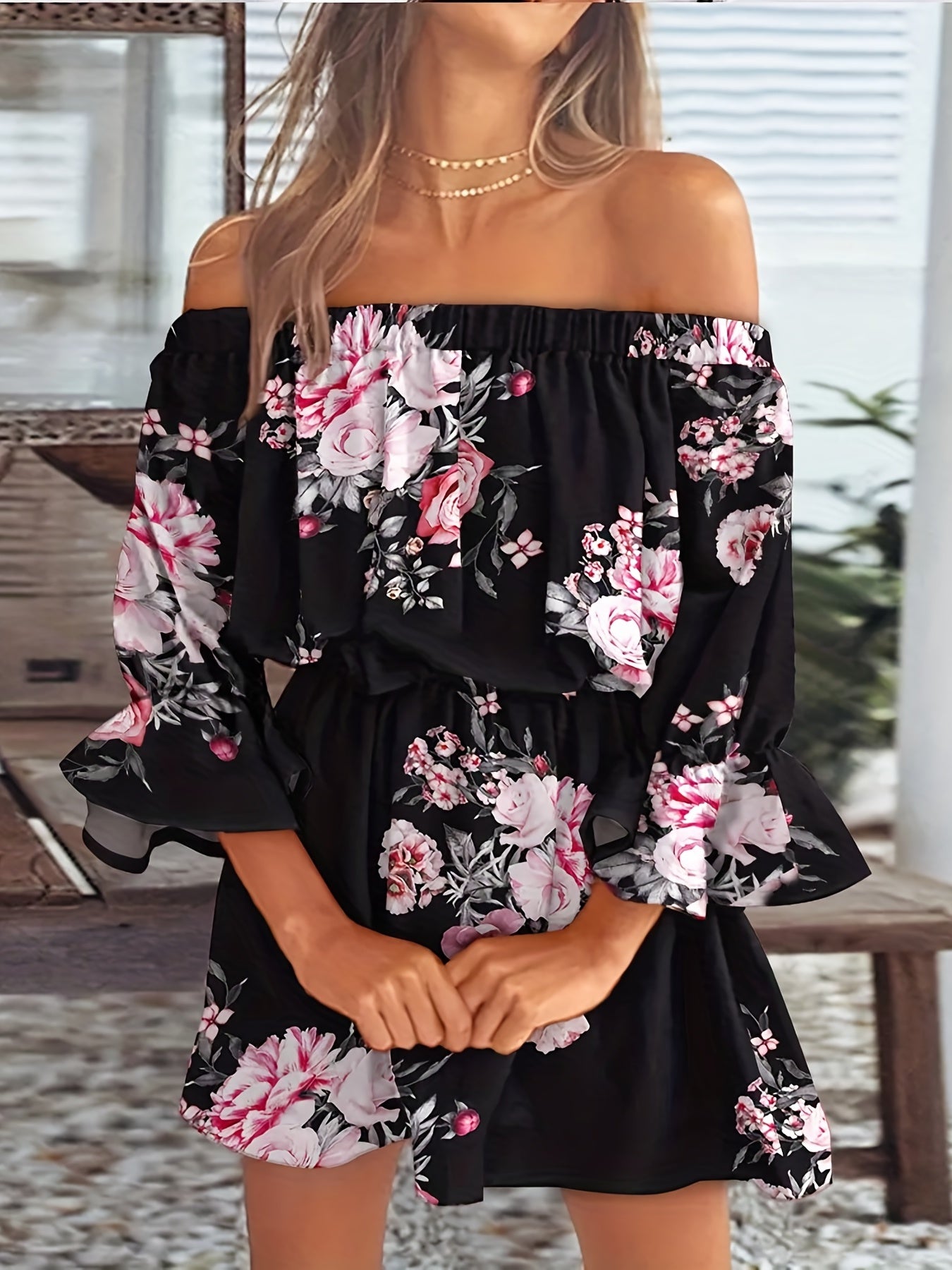 Elegant Summer Boho Dress - Off-Shoulder Leaf Print with Sexy Backless Cut & Playful Ruffles, Durable & Comfort Fit