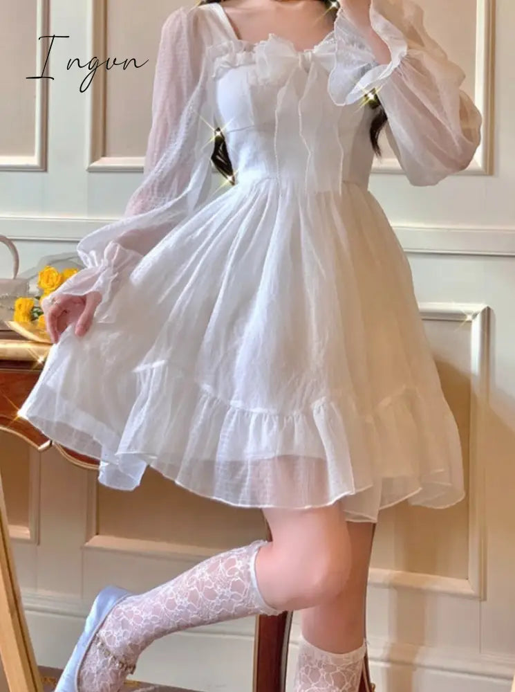 Ingvn - French Sweet Fairy Lolita Dress Women Long Sleeve Lace Y2k Mini Dress Vintage Kawaii Clothes One Piece Dress Korean Autumn