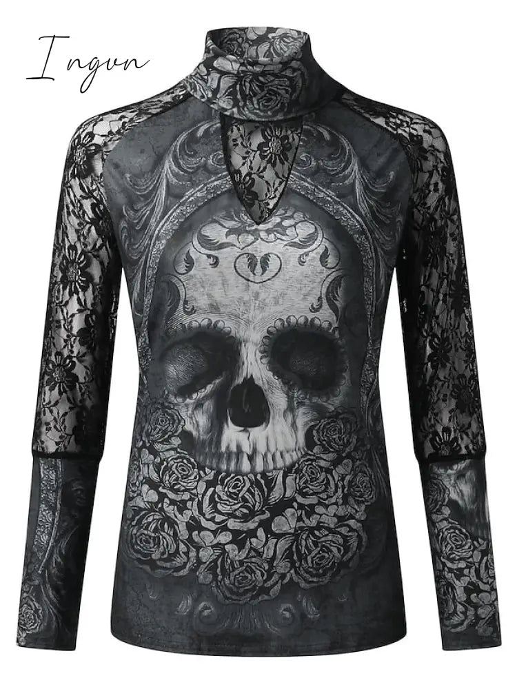 Ingvn - Women's T shirt Tee Black Skull Lace Print Long Sleeve Halloween Weekend Basic High Neck Regular Painting S