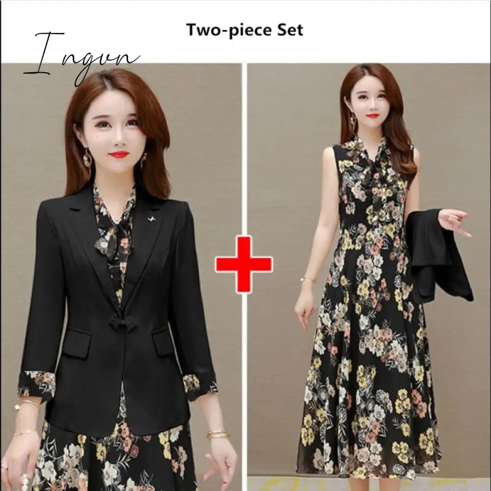 Ingvn - Spring Autumn New Suit Jacket Dress Two-piece Women's Elegant Blazers Floral Long Skirt Set Female Office Professional Wear