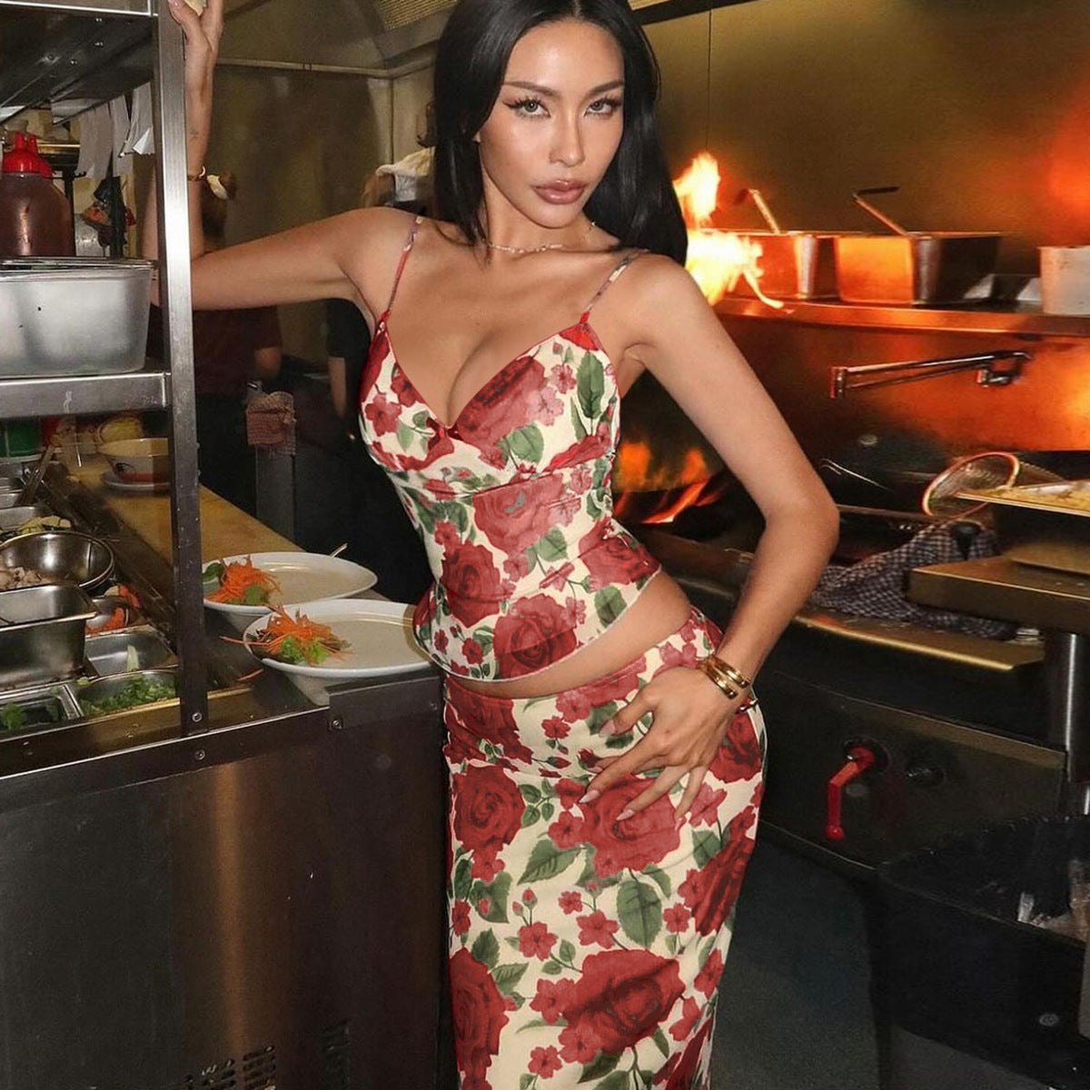 Pphmm outfit inspo Autumn New Fashion Style Floral Print V-neck Small Strap Sheath Close-Fitting Dress for Women Suit