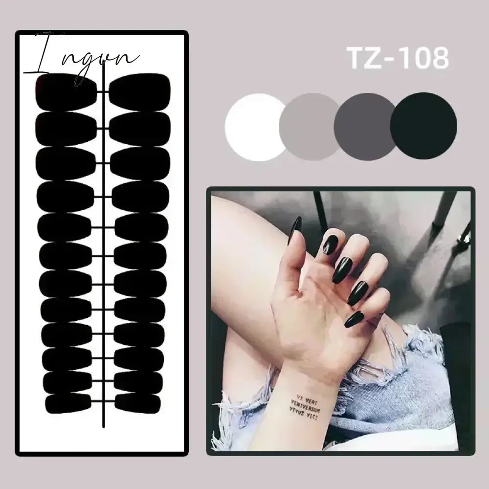 24Pcs Mid-length French Fake Nail with Silver Edge Design Round Head Almond False Nail Wearable Simple Finished Press on Nails
