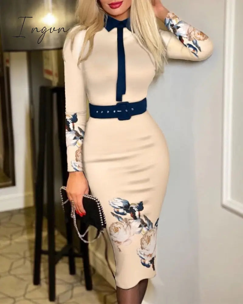 Ingvn - Sexy Boho Belt Lapel Polka Dot Printing Bodycon Dress Female Clothing Elegant Robe Casual Party A-line Midi Dresses For Women
