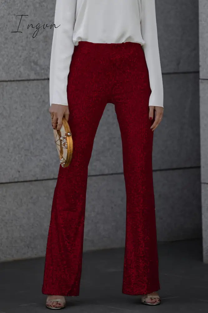 Ingvn - Casual Solid Sequins Straight Mid Waist Speaker Solid Color Bottoms