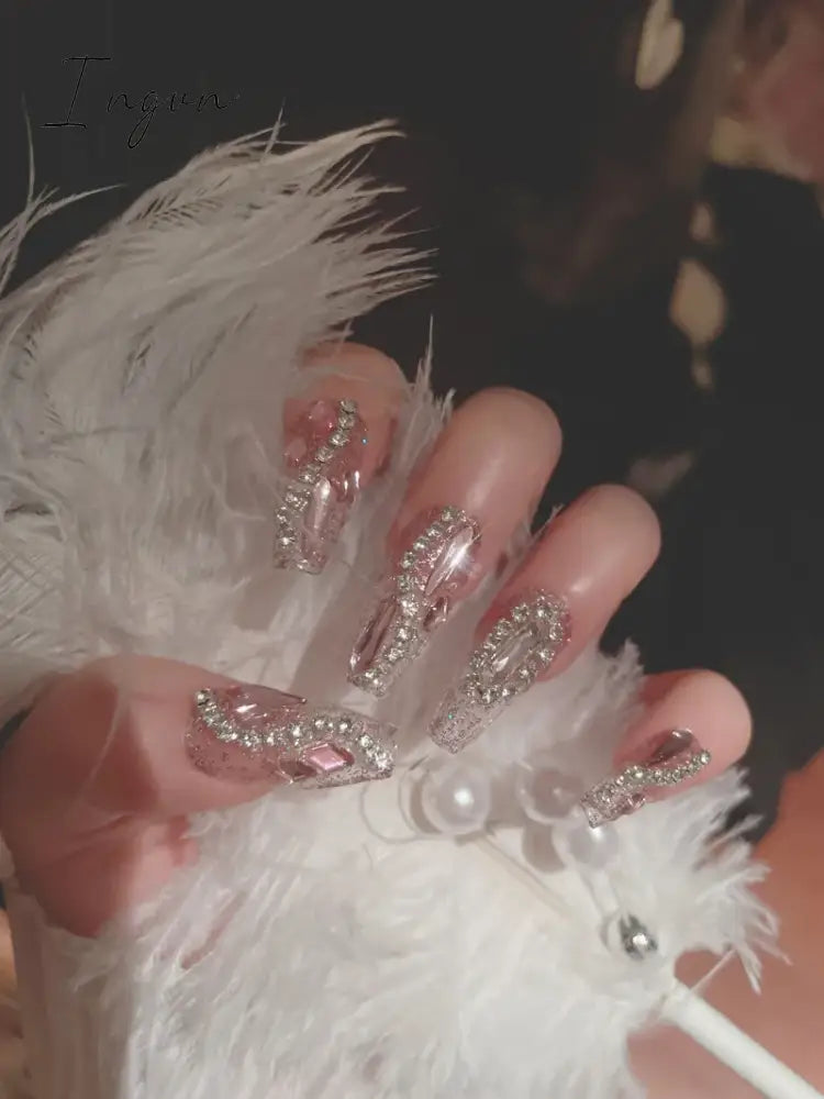 Glitter Fairy Rhinestone False nail Tips for Bride lady Wearable Sweet Crystal Design Press on Nails Mid Length Fake Nail Patch