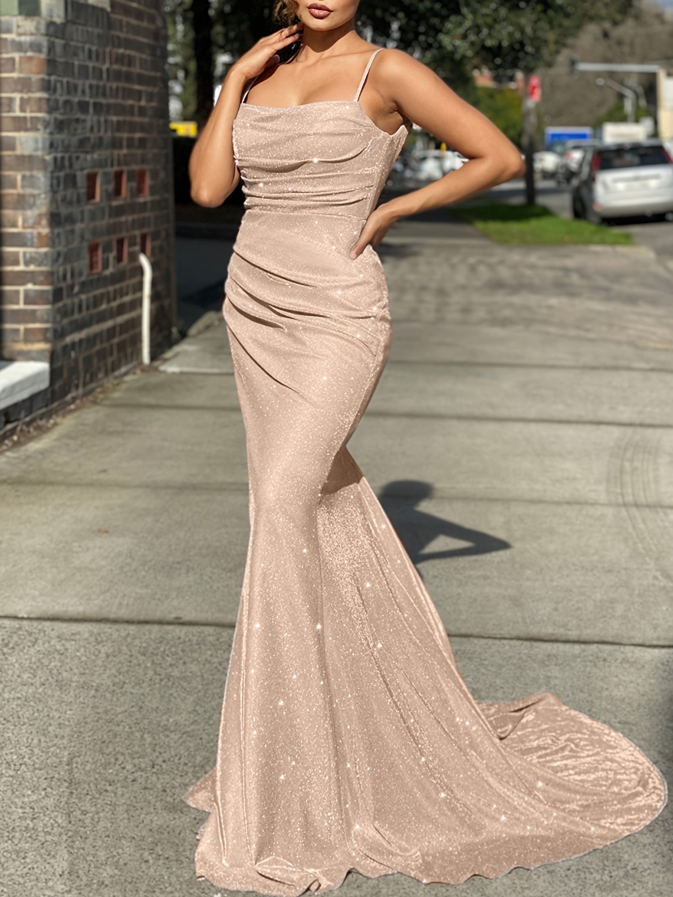 Glitter Sequin Slip Sleeveless Backless Maxi Dress, Slim Elegant Ruffled Cocktail Party Guest Evening Gown Mermaid Dress, Women's Clothing