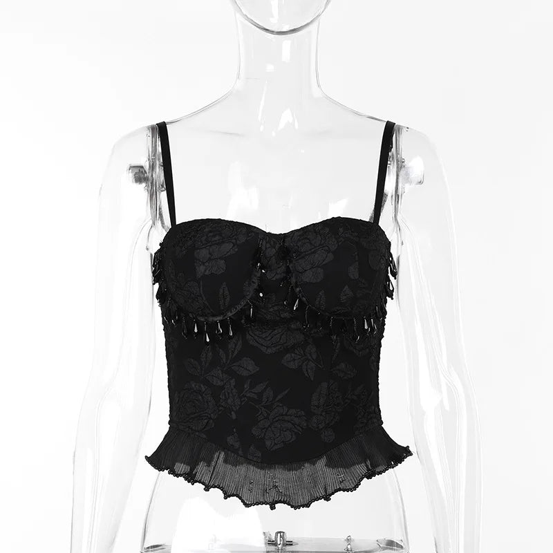 Gothic Retro Jacquard Bead Pendant Vest Women's Grunge Sexy Backless Tank Tops E Girl Crop Tops Party Clubwear
