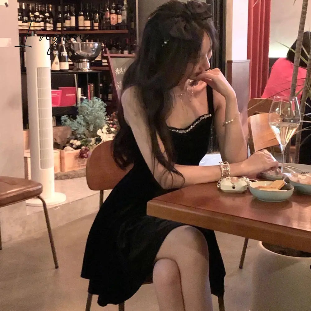 Ingvn - Summer New Elegant Spaghetti Strap Velvet Vintage Black Dress Women Sexy Prom Evening Party Fashion Clothing