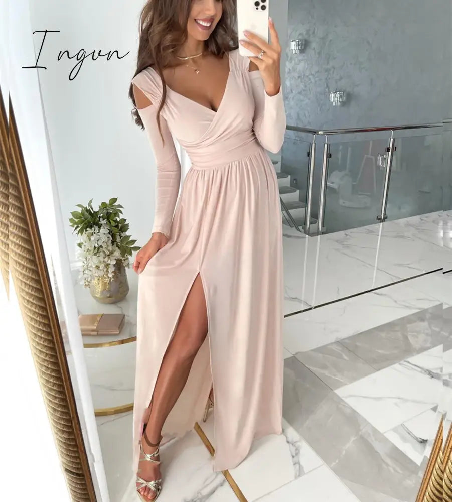 Ingvn - Sexy Long Evening Dress Elegant Dress For Women V-neck Side Split Party Dresses Female Summer Fashion Casual Club Ladies Clothes