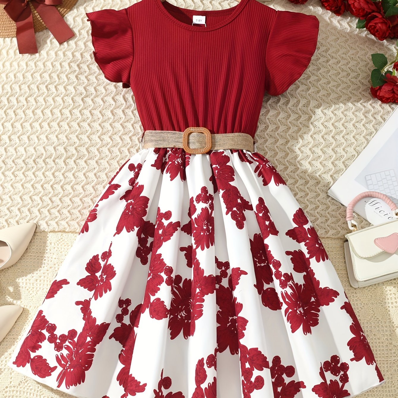 Girls Charming Floral Embroidered Dress - Soft Ribbed Flutter Sleeve - Perfect for Summer Casual Wear