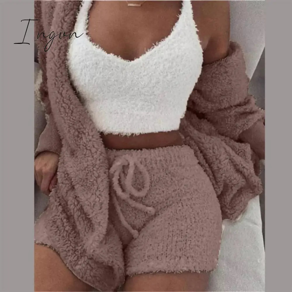 Ingvn - Three Piece Sexy Fluffy Outfits Plush Velvet Hooded Cardigan Coat+Shorts+Crop Top Women Tracksuit Sets Casual Sports Sweatshirt